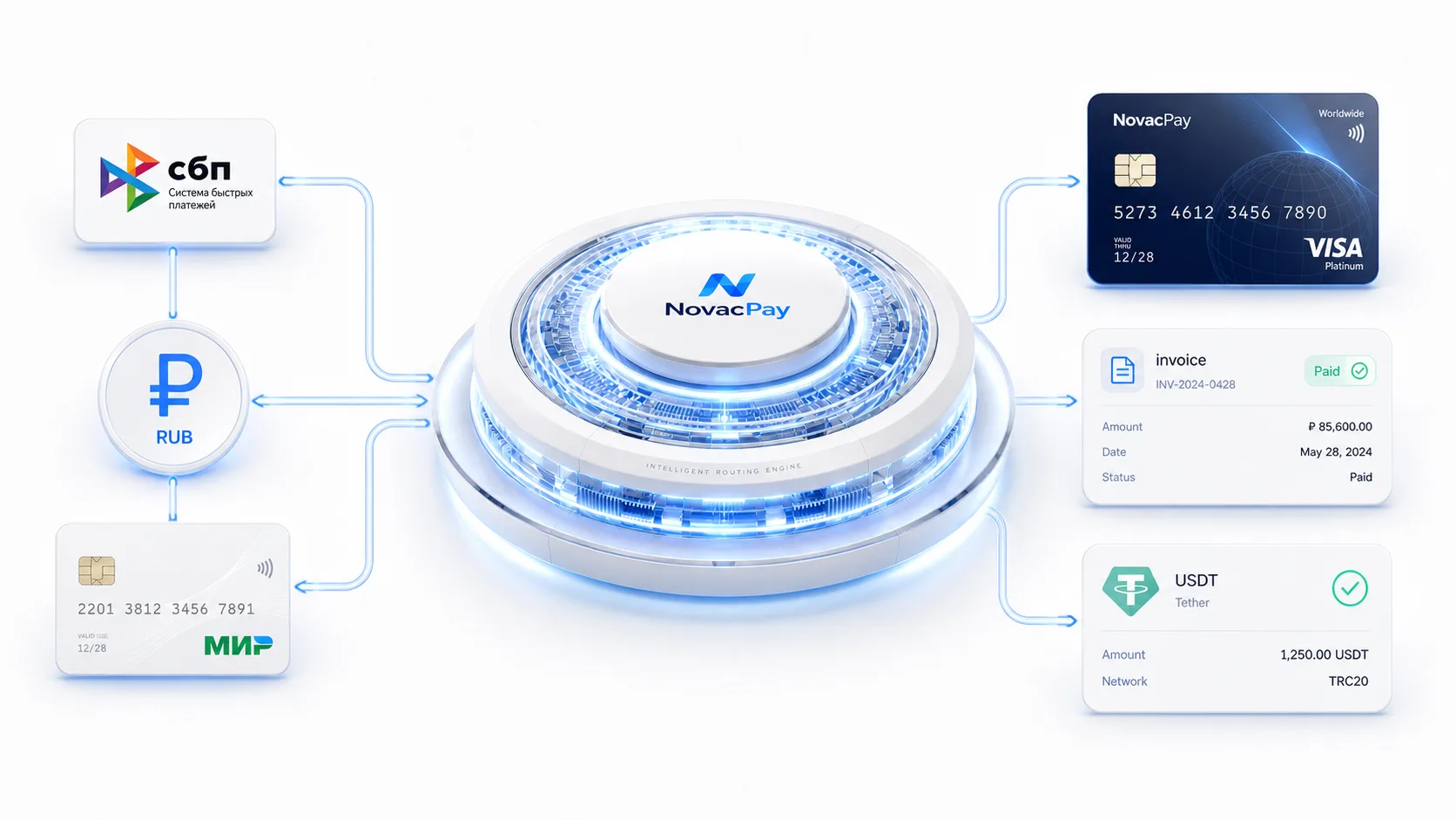 Схема NovacPay: Мир и СБП → NovacPay → карта, оплата счетов, цифровая оплата